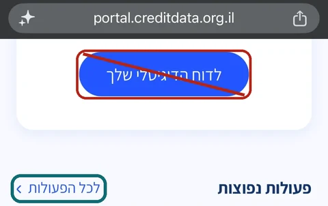 צילום מסך מהאזור האישי: הקישור 'לכל הפעולות' מסומן, והכפתור 'לדוח הדיגיטלי שלך' מסומן כלא נכון